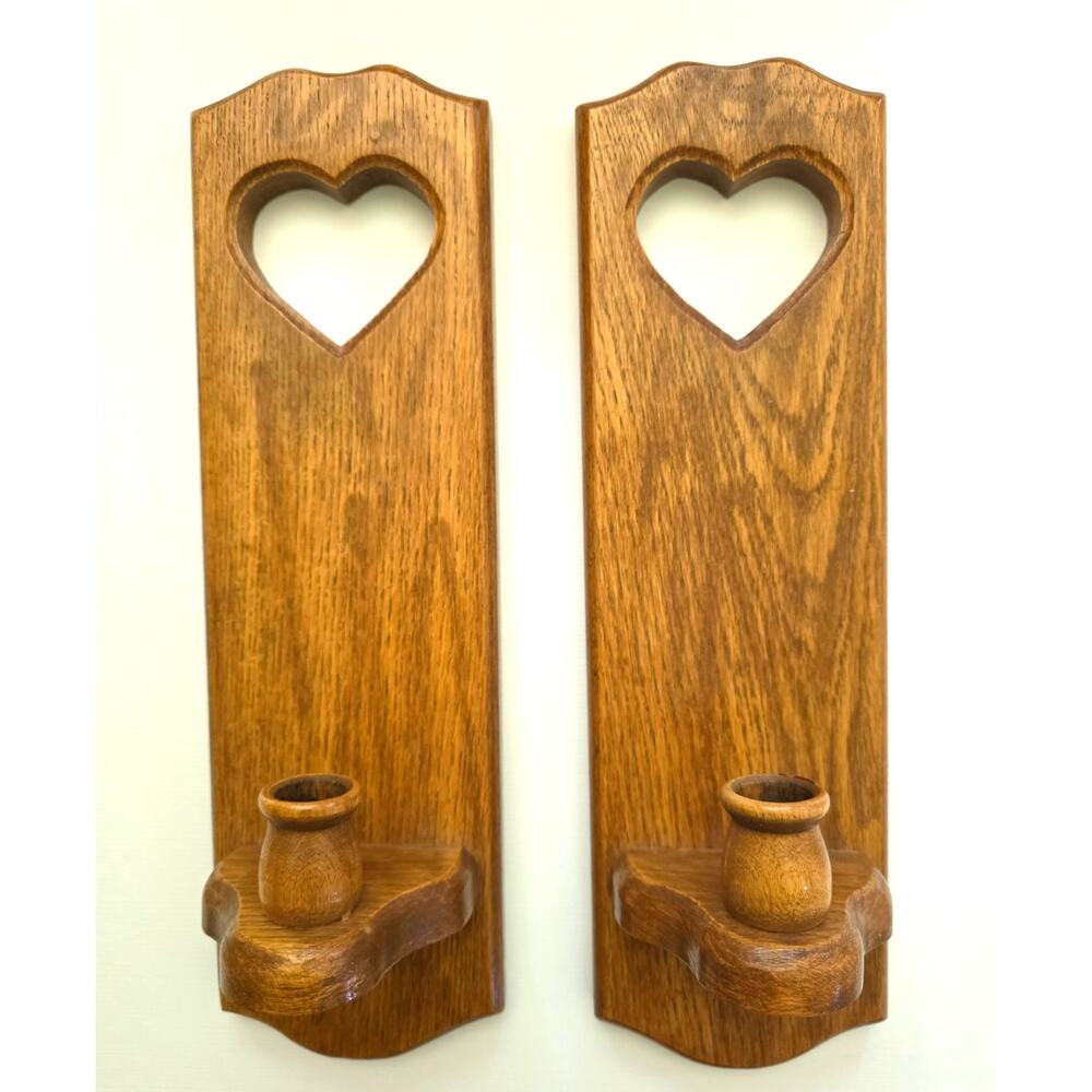 Vintage Golden Oak Heart Cut Out Wall Candle Holders Cottagecore Farmhouse 90s